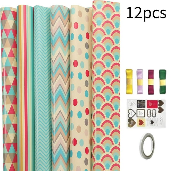 All-in-One Gift Wrap Set - 6 Sheets Eco-Friendly Wrapping Paper with Ribbon & Stickers, 20"x28" Recycled Birthday Wrapping Paper for Women, Men, All Occasions