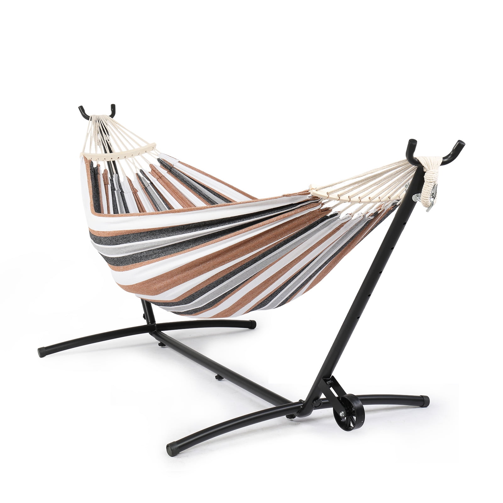 All-in-One Hammock Set with Wheeled Steel Stand, 440 lbs Capacity with Anti-Roller Spreader Bar, Cotton Canvas Hammock Set Tool-Free Assembly with Carry Bag for Indoor Outdoor Patio Yard Camping