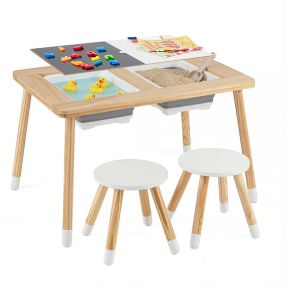 All-in-One Kids Activity Table and Chairs Set Pine Wood Sensory Table with 2 Foldable Storage Bins Chalkboard Whiteboard Play Table for Toddlers Ages 3+ ASTM CPSIA Certified
