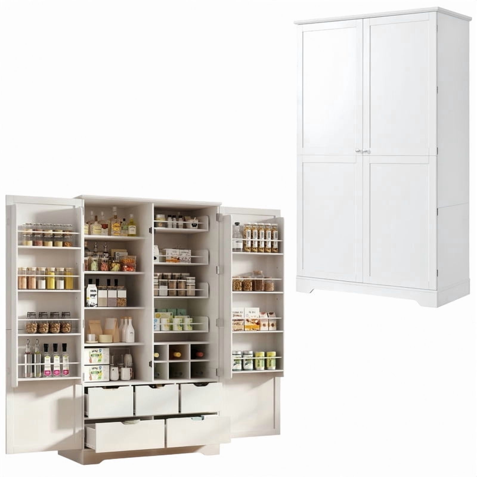 All-in-One Kitchen Pantry Bar Cabinet with Drawers, Hidden Trays, Racks & Adjustable Shelves, Freestanding Storage Cupboard