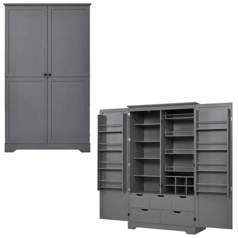 All-in-One Kitchen Pantry Bar Cabinet with Drawers, Hidden Trays, Racks & Adjustable Shelves, Freestanding Storage Cupboard