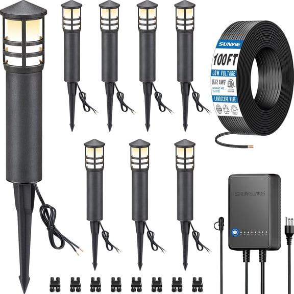 All-in-One LED Landscape Lighting Kit, 8-Pack Low Voltage Pathway Lights with Transformer and 100FT 16/2 AWG Wire, 3000K Waterproof Connectors for Walkway Garden Yard