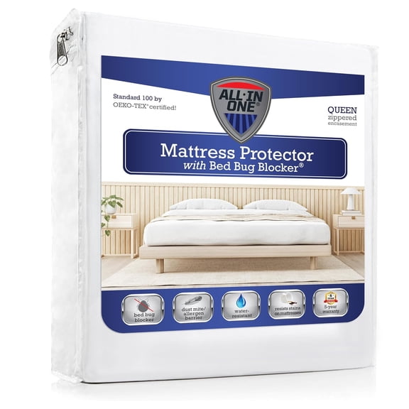 All-in-One Mattress Protector, Zippered Encasement, Water & Stain Resistant, Triple Seal Protection, Queen, White