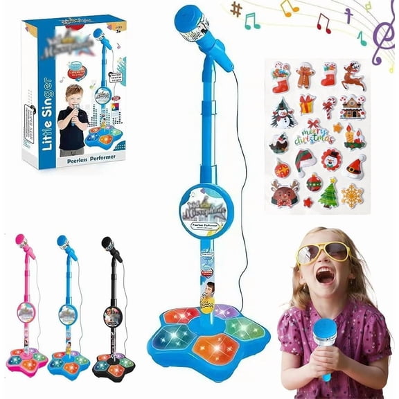 The All-in-One Microphone Toy, 2026 New Kids Karaoke Machine with Adjustable Stand, Colorful LED Lights, Echo Effects & Built-in Music, Children's Microphone for Boys & Girls (Blue)