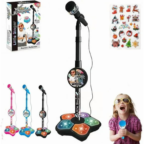 The All-in-One Microphone Toy, 2026 New Kids Karaoke Machine with Adjustable Stand, Colorful LED Lights, Echo Effects & Built-in Music, Children's Microphone for Boys & Girls (Black)