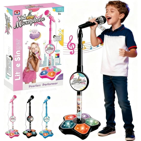 The All-in-One Microphone Toy, 2026 New Karaoke Machine with Adjustable Stand and Led Lights, Portable Echo Microphone, Children’s Singing Toys (Black)