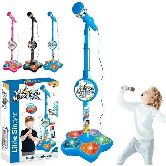The All-in-One Microphone Toy, Kids Karaoke Machine with Adjustable Stand, Built-in Music, Colorful Lights, Echo Effects, Karaoke Microphone for Kids, Christmas Birthday Gift for Girls Boys (Blue)