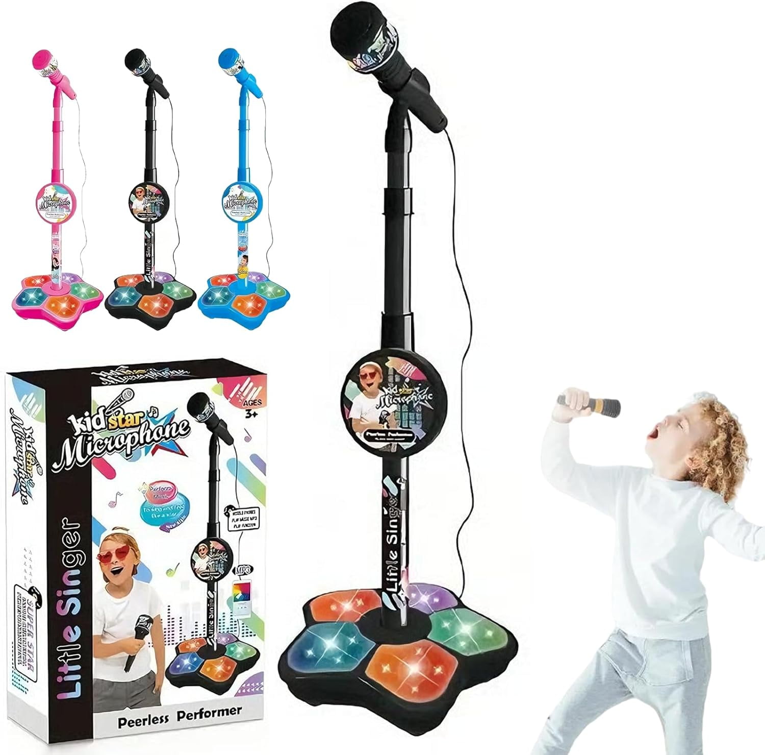 The All-in-One Microphone Toy, Kids Karaoke Machine with Adjustable Stand, Built-in Music, Colorful Lights, Echo Effects, Karaoke Microphone for Kids, Christmas Birthday Gift for Girls Boys (Black)