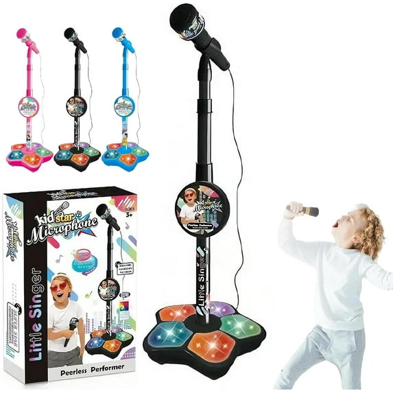 The All-in-One Microphone Toy, Kids Karaoke Machine with Adjustable Stand, Built-in Music, Colorful Lights, Echo Effects, Karaoke Microphone for Kids, Christmas Birthday Gift for Girls Boys (Black)