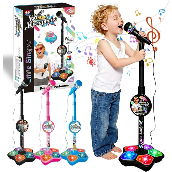 The All-in-One Microphone Toy, Microphone with Stand Adjustable, Speaker & Led Lights, Fun Standing Karaoke Microphone - Move to Play & Echo Effect, for Phones/MP3/Tablets, (Black)