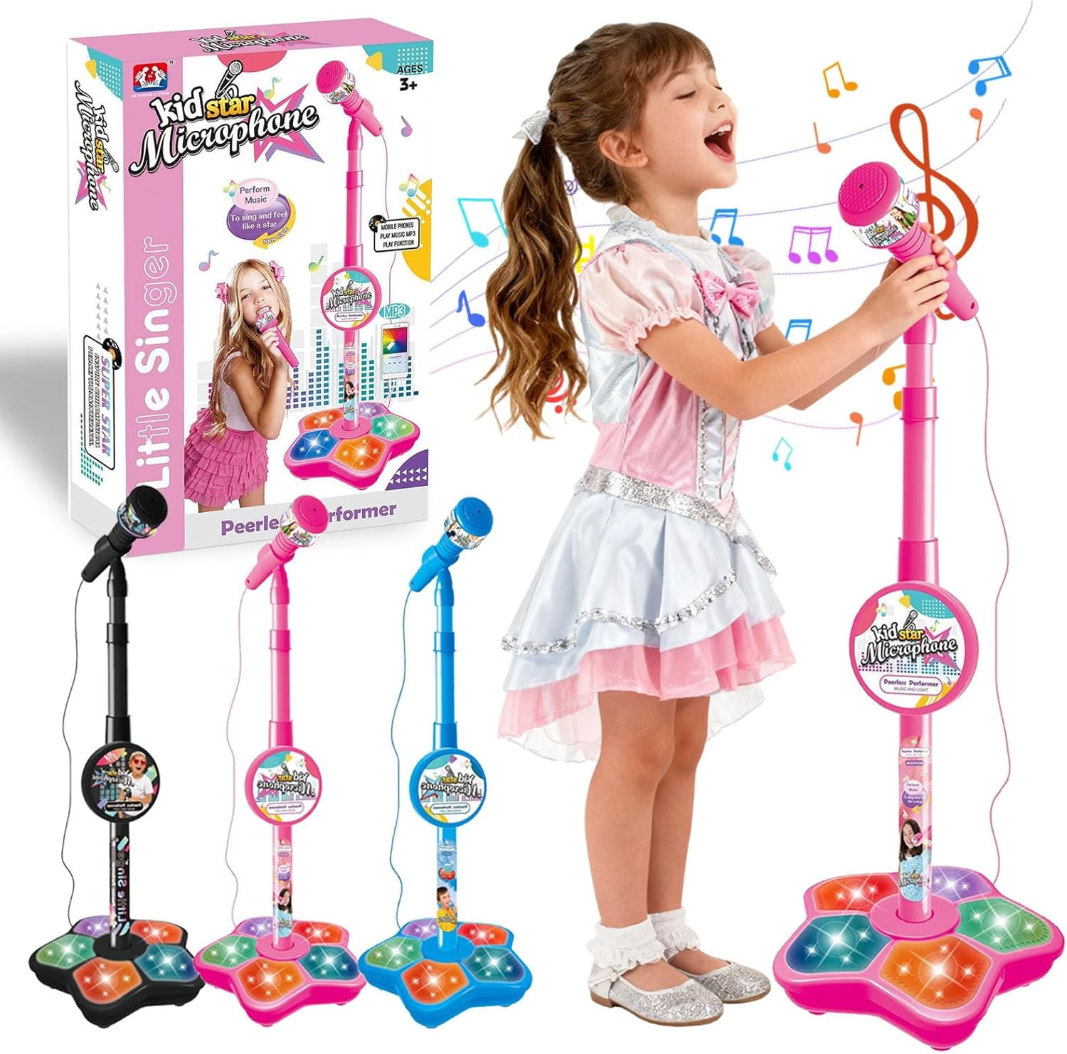 The All-in-One Microphone Toy, Microphone with Stand Adjustable, Speaker & Led Lights, Fun Standing Karaoke Microphone - Move to Play & Echo Effect, for Phones/MP3/Tablets, (Pink)