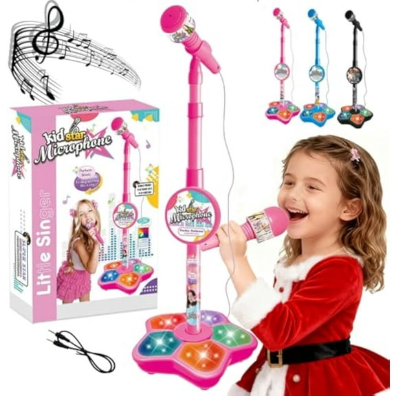 The All-in-One Microphone Toy, New Upgrade Karaoke Machine with Music & Flashing Stage Lights, Microphone for Singing with Adjustable Stand, The Ultimate Birthday Gift for Daughter and Son(Pink)
