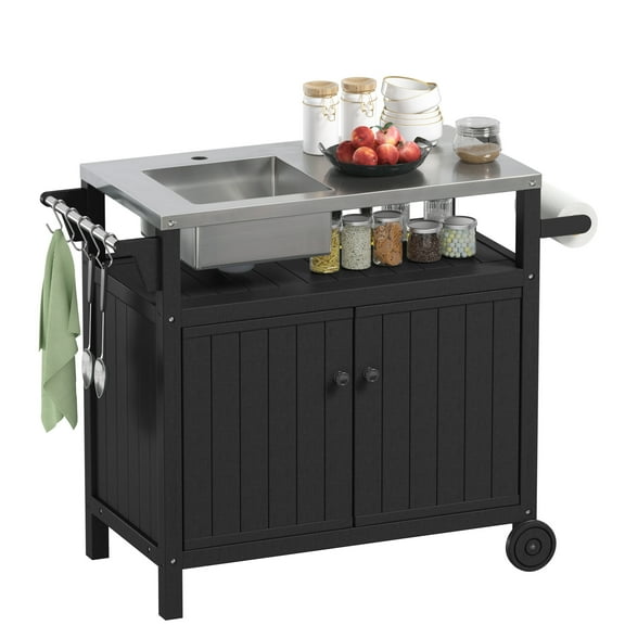 All in One Outdoor Grill Cart with Sink,Cabinet and Cover, 42 inch Freestanding Modular Kitchen Sink Station