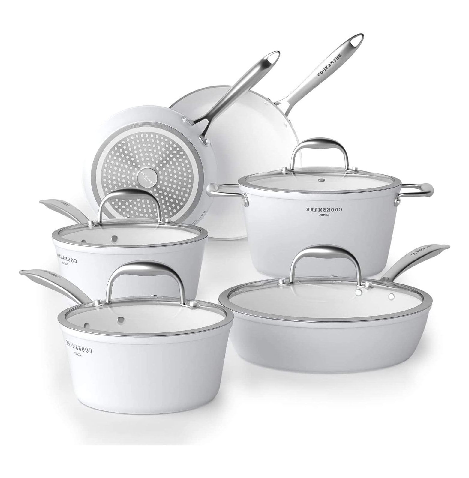 All in One Pan Pots and Pans Set 10 Pieces, Nonstick Ceramic White Cookware Set with Glass Lids