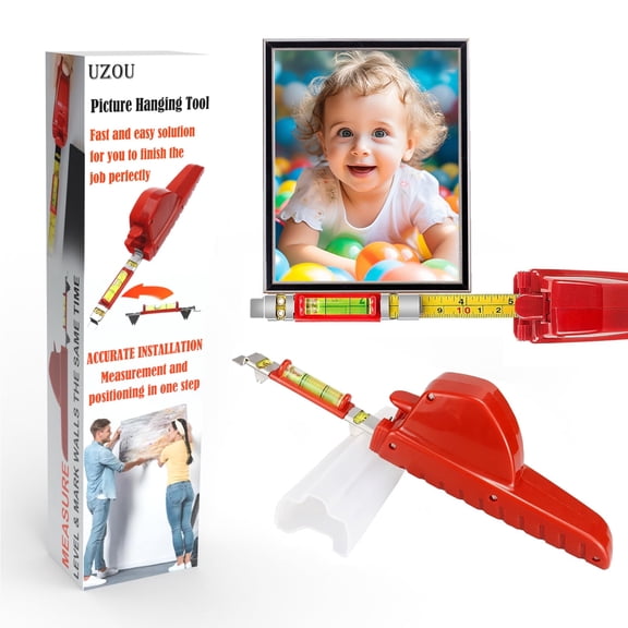All-in-One Picture Hanging Tool with Built-In Level and 6-Ft Tape Measure, Multi-Function Frame Hanging and Leveling Ruler for Pictures, Mirrors, and Shelves, Red