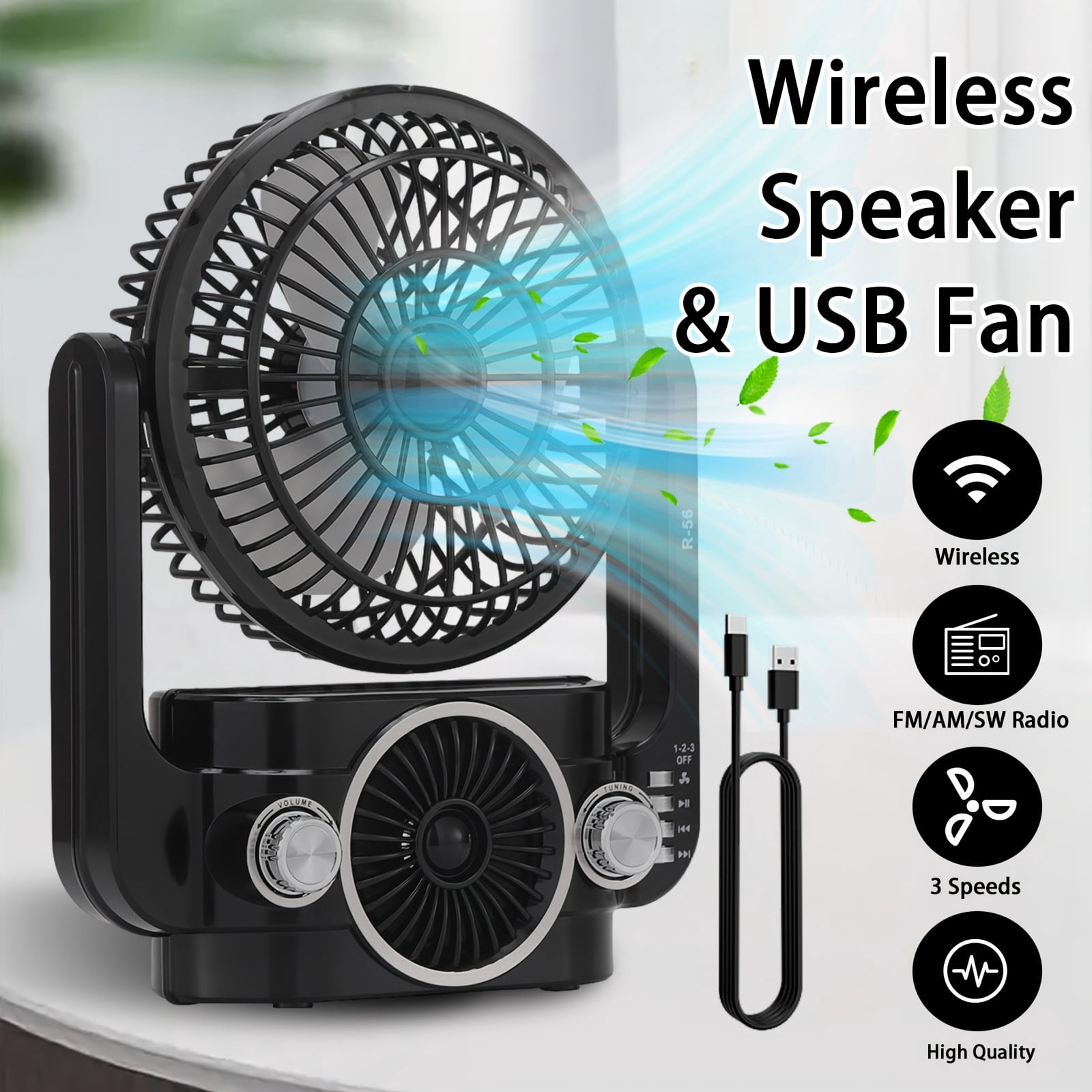 AllinOne Portable Camping Fan with Wireless Speaker, AM/FM/SW Radio & MP3 Player, 3Speed Rotatable USBRechargeable Compact Outdoor Gear for Hiking