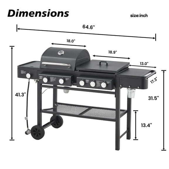 All-in-One Propane Gas Grill with Grilling & Griddling Functions, 745 Sq.Inch Cooking Space, 5 Burners, 56000 BTU Propane Grill, Heavy-Duty Stand for Backyard Barbecue & Outdoor Cooking