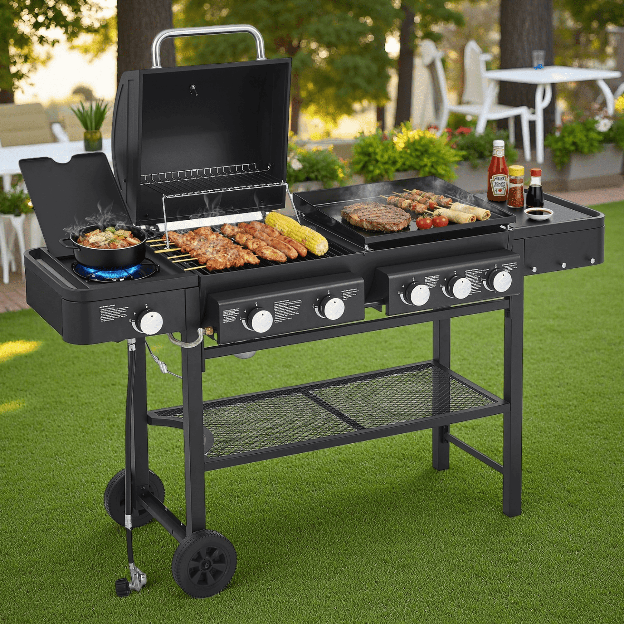 All-in-One Propane Gas Grill with Griddle, 5 Burner 56000 BTU Outdoor Grill Combo, 745 Sq Inch 3-in-1 Cooking Space with Side Burner, Black - Walmart.com