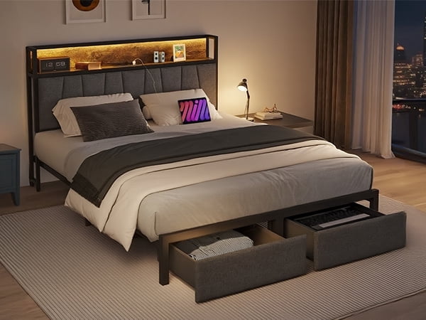 All-in-One Queen Bed: Integrated Charging, Ambient Lighting, and Functional Drawers,Modern Queen Bed Frame: Power-Ready Headboard, Illuminated Design, and Under-Bed Storage