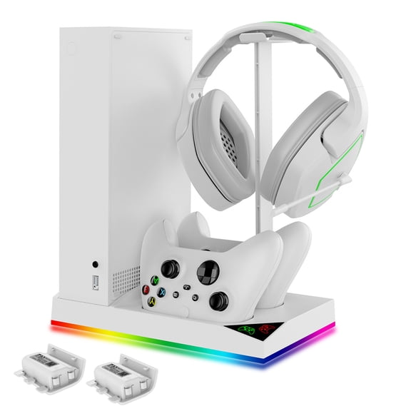 All-in-One RGB Cooling Stand for Xbox Series S (XSS) - Dual Controller Charging Dock, Headphone Hanger & 12-Game Disc Rack, Colorful LED Gaming Accessory for Organized Setup
