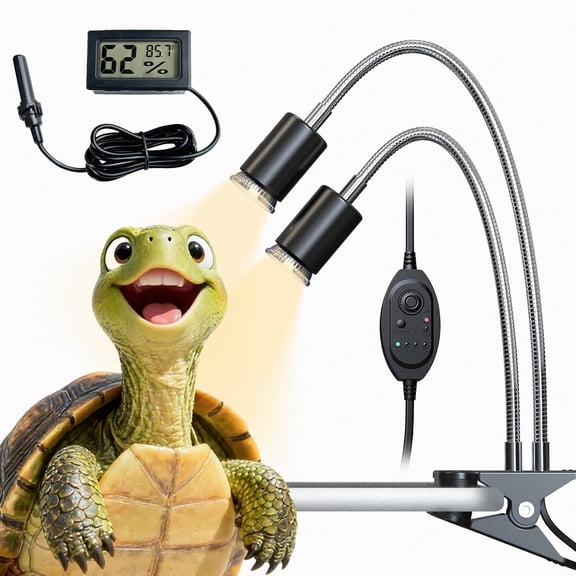 All-in-One Reptile Heat Lamp Bundle, Dual-Head Lamp with Timer & Hygrothermograph, High Lighting for Turtle, Tortoise, Bearded Dragon, Lizard, Snake, Amphibians, Easy to Install
