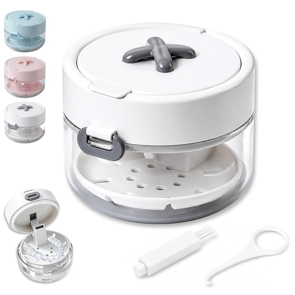 All-in-One Retainer Case with Cleaning Basket & Mirror, Denture Soaking Cup with Removable Tray, Portable Mouth Guard Storage Box for Retainers, Dentures, Night Guards, Travel & Daily Use (White)