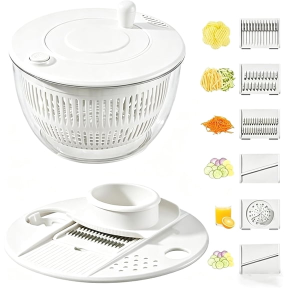 All-in-One Salad Spinner & Vegetable Chopper, Large 5.3Qt Lettuce Spinner Dryer with 5 Blades Slicer Shredder, Multifunctional Vegetable Cutter Fruit Washer Bowl for Kitchen Prep (White)