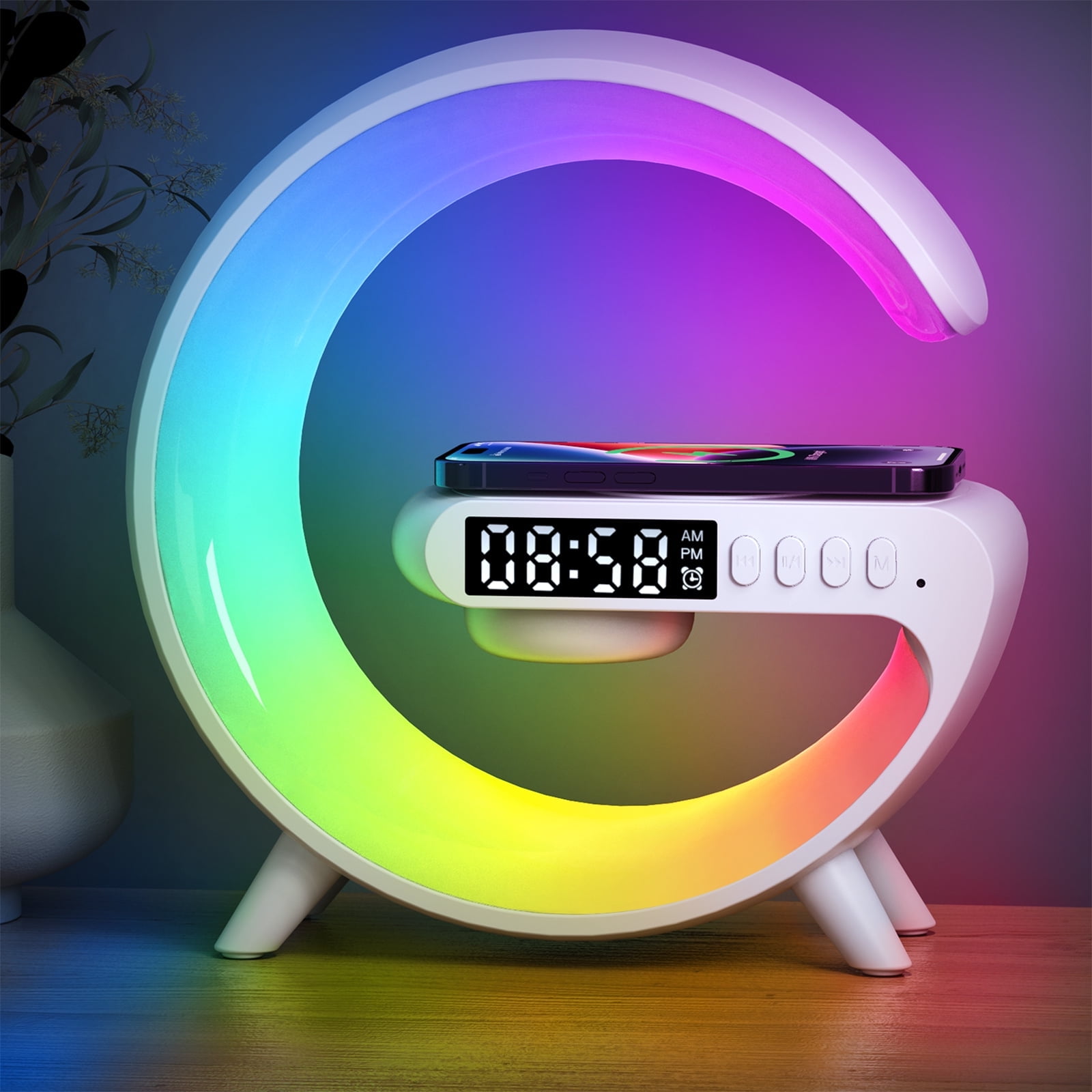 All-in-One Smart Bedside Lamp: 15W Fast Wireless Charger, Alarm Clock & Mood Light for Bedroom