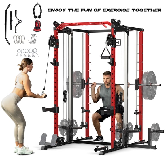 All-in-One Smith Machine Power Cage Home Gym with Dual Pulley Cable Crossover System, Multifunctional Squat Rack with Strength Training Attachments for Full-Body Workouts