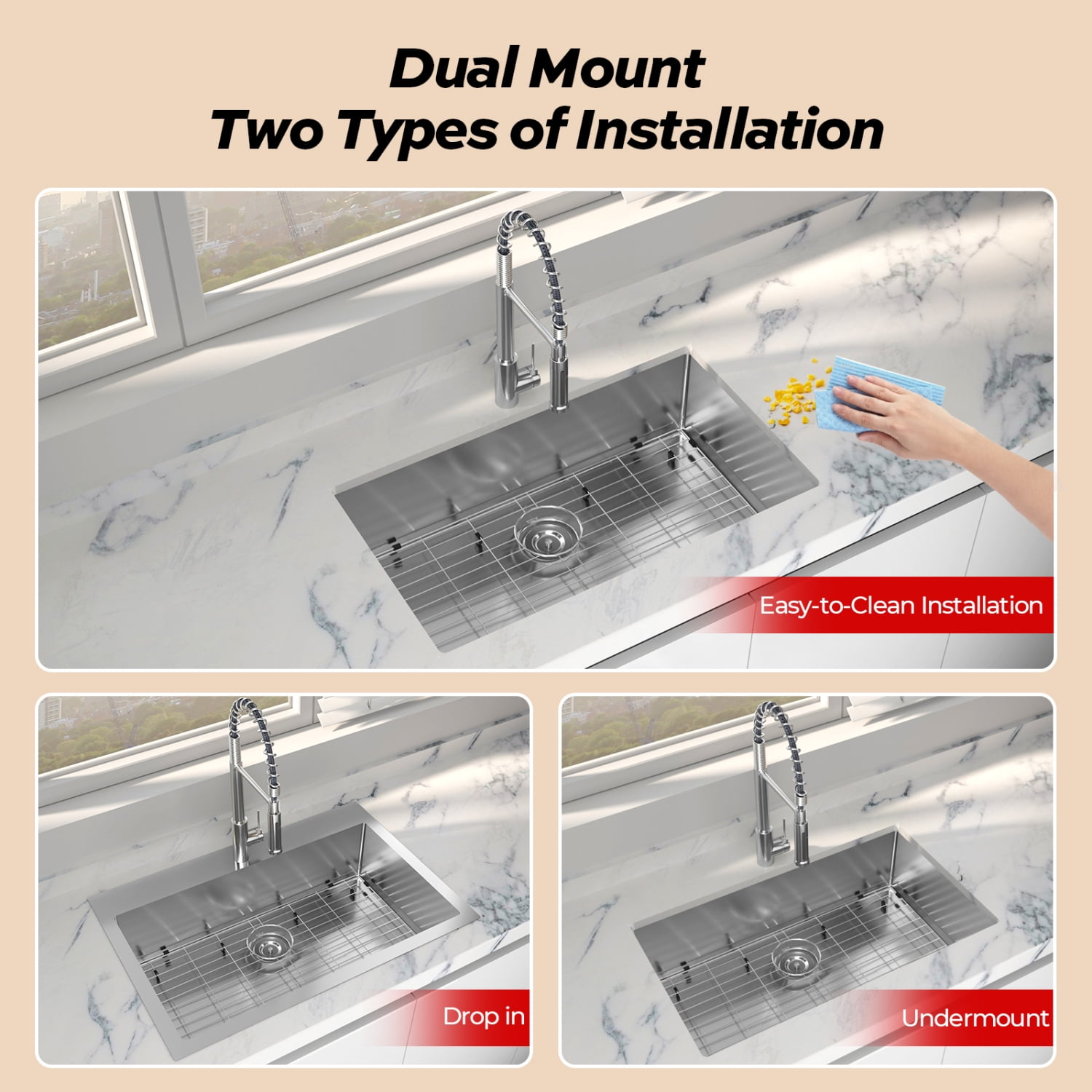 AllinOne Stainless Steel 33 inch Kitchen Sink with Dual Mount Option