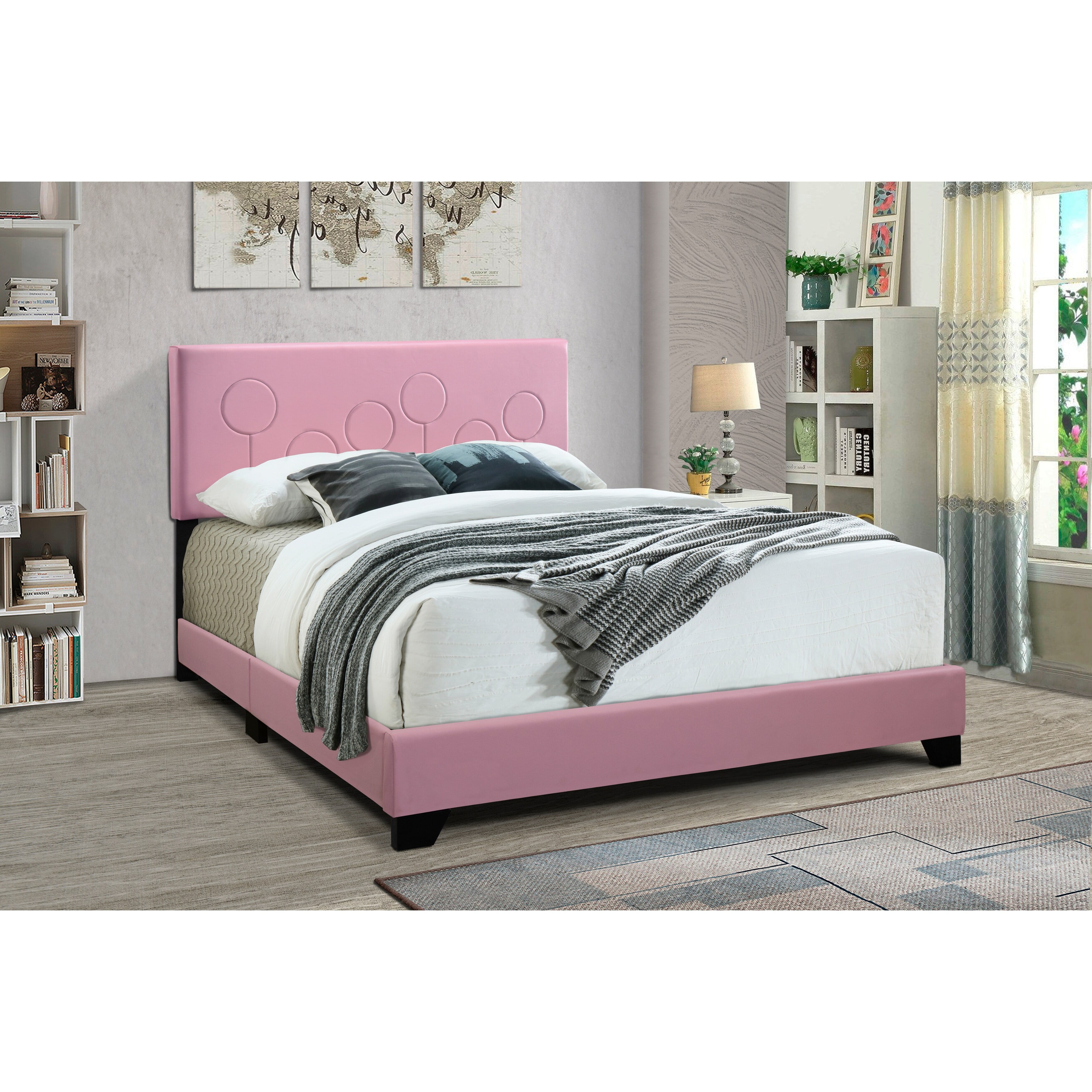 Queen Bubblegum Pink Faux Leather Upholstered Bed with Headboard