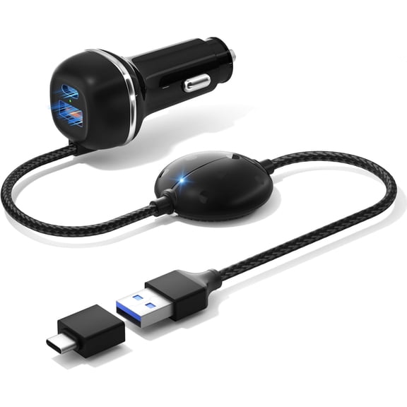 All-in-One Wireless Carplay & Android Auto Adapter with Fast Car Charger - 3 in 1 Cable for Stable Voltage, Enhanced Carplay/Android Auto Data. 48W, Dual USB C & A Ports