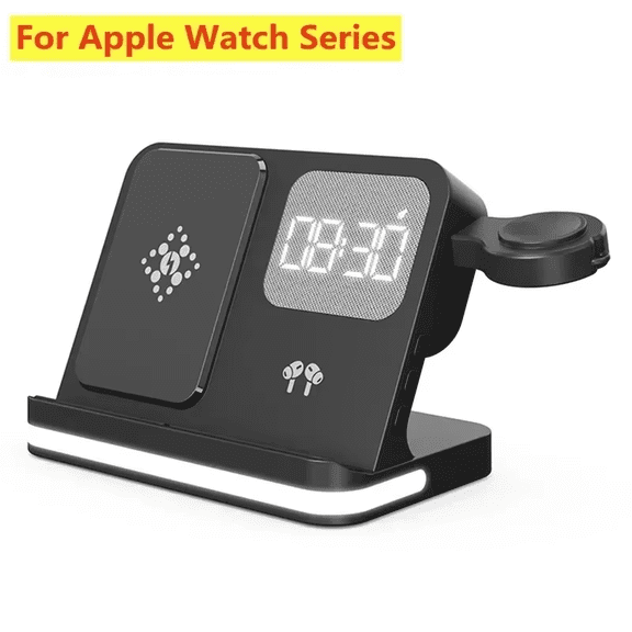 All-in-One Wireless Charging Station with Digital Clock & Adjustable Night Light, Fast Multi-Device Charger for iPhone, Apple Watch and AirPods, VIKIFONE