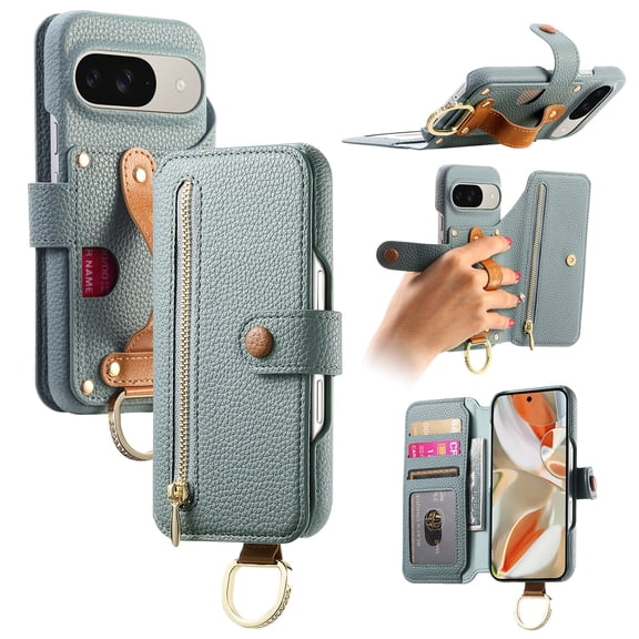 All-in-One Zipper Wallet Case For Google Pixel 10 /10 Pro,Magnetic Closure Folio Kickstand Cover with RFID Blocking Credit Card Slots Wrist Strap Hand Grip Ring for Daily Travel Use,Blue