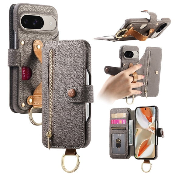All-in-One Zipper Wallet Case For Google Pixel 8,Magnetic Closure Folio Kickstand Cover with RFID Blocking Credit Card Slots Wrist Strap Hand Grip Ring for Daily Travel Use,Gray