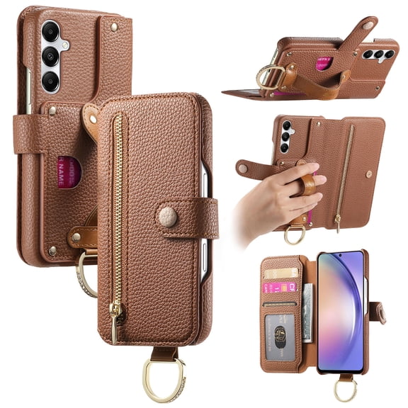 All-in-One Zipper Wallet Case For Samsung Galaxy A05S,Magnetic Closure Folio Kickstand Cover with RFID Blocking Credit Card Slots Wrist Strap Hand Grip Ring for Daily Travel Use,Brown