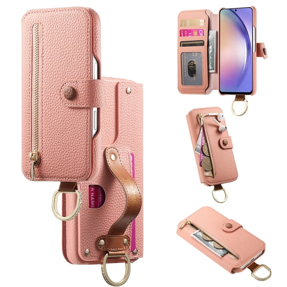 All-in-One Zipper Wallet Case For Samsung Galaxy A22 4G,Magnetic Closure Folio Kickstand Cover with RFID Blocking Credit Card Slots Wrist Strap Hand Grip Ring for Daily Travel Use,Pink
