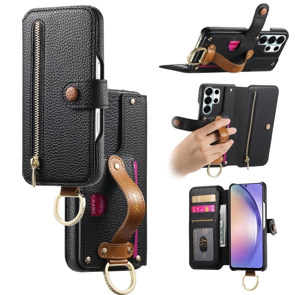 All-in-One Zipper Wallet Case For Samsung Galaxy S24 Ultra,Magnetic Closure Folio Kickstand Cover with RFID Blocking Credit Card Slots Wrist Strap Hand Grip Ring for Daily Travel Use,Black