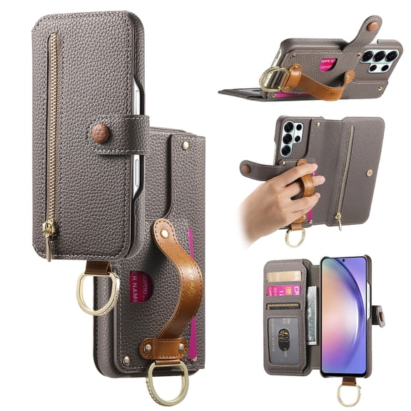 All-in-One Zipper Wallet Case For Samsung Galaxy S25 Ultra,Magnetic Closure Folio Kickstand Cover with RFID Blocking Credit Card Slots Wrist Strap Hand Grip Ring for Daily Travel Use,Gray