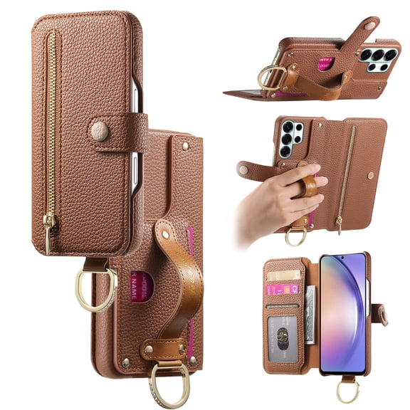 All-in-One Zipper Wallet Case For Samsung Galaxy S26 Ultra,Magnetic Closure Folio Kickstand Cover with RFID Blocking Credit Card Slots Wrist Strap Hand Grip Ring for Daily Travel Use,Brown