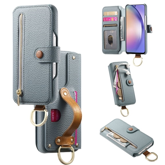 All-in-One Zipper Wallet Case For iPhone 13,Magnetic Closure Folio Kickstand Cover with RFID Blocking Credit Card Slots Wrist Strap Hand Grip Ring for Daily Travel Use,Blue