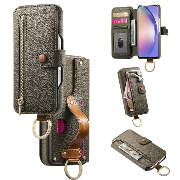 All-in-One Zipper Wallet Case For iPhone 14 Plus,Magnetic Closure Folio Kickstand Cover with RFID Blocking Credit Card Slots Wrist Strap Hand Grip Ring for Daily Travel Use,Midnightgreen