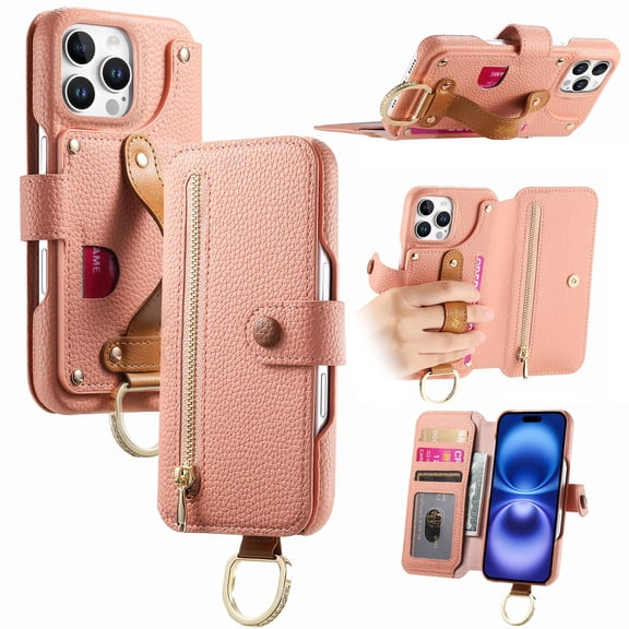 All-in-One Zipper Wallet Case For iPhone 14 Pro,Magnetic Closure Folio Kickstand Cover with RFID Blocking Credit Card Slots Wrist Strap Hand Grip Ring for Daily Travel Use,Pink
