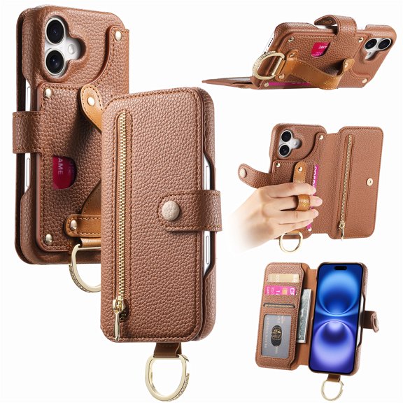 All-in-One Zipper Wallet Case For iPhone 16 Plus,Magnetic Closure Folio Kickstand Cover with RFID Blocking Credit Card Slots Wrist Strap Hand Grip Ring for Daily Travel Use,Brown