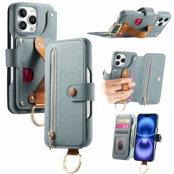 All-in-One Zipper Wallet Case For iPhone 16 Pro,Magnetic Closure Folio Kickstand Cover with RFID Blocking Credit Card Slots Wrist Strap Hand Grip Ring for Daily Travel Use,Blue