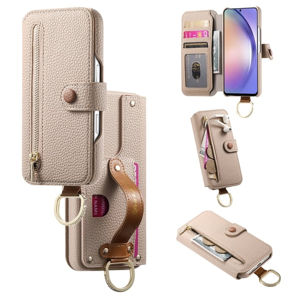 All-in-One Zipper Wallet Case For iPhone 17 Pro,Magnetic Closure Folio Kickstand Cover with RFID Blocking Credit Card Slots Wrist Strap Hand Grip Ring for Daily Travel Use,Khaki