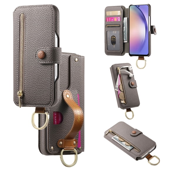 All-in-One Zipper Wallet Case For iPhone Air,Magnetic Closure Folio Kickstand Cover with RFID Blocking Credit Card Slots Wrist Strap Hand Grip Ring for Daily Travel Use,Gray