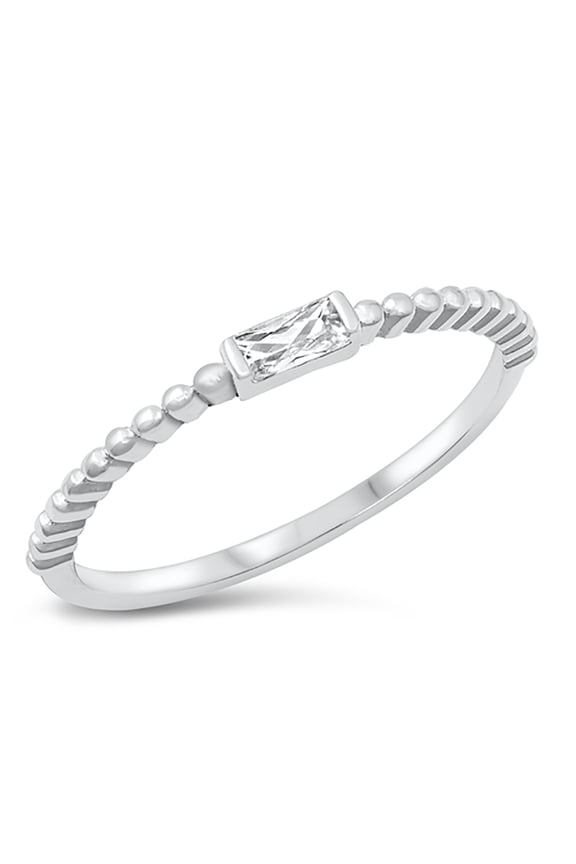 Baguette Cubic Zirconia Beaded Band Ring 925 Sterling Silver Size 6