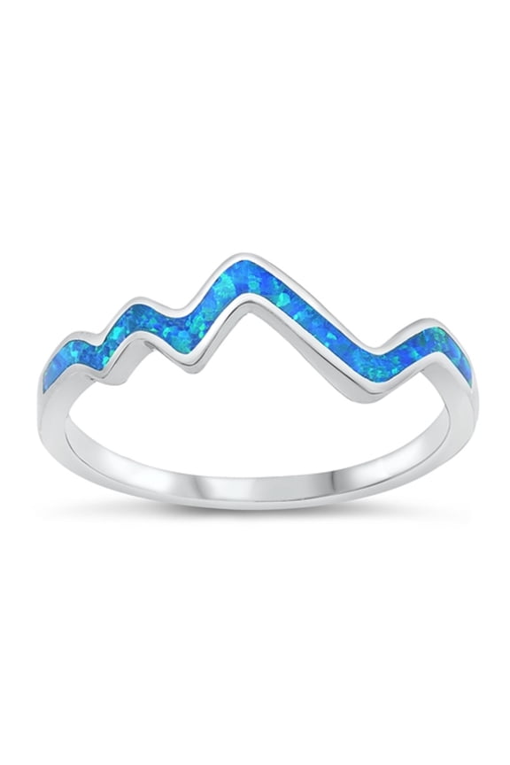 Blue Simulated Opal High and Low Mountain Ring Sterling Silver Size 5