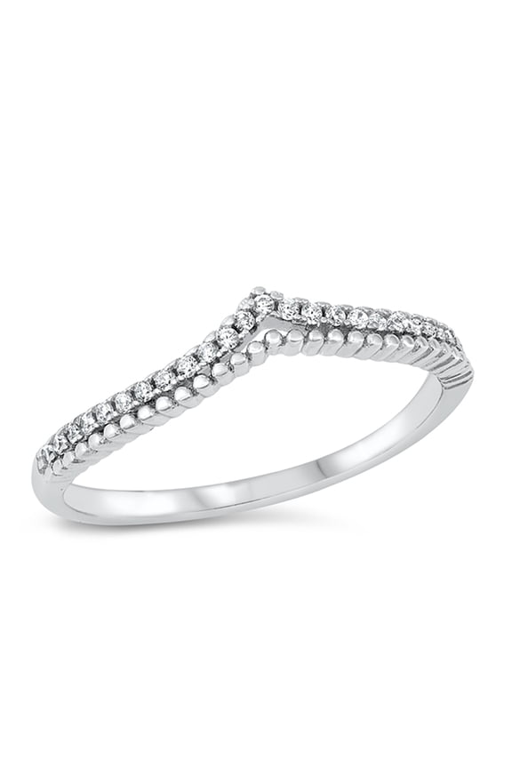 Clear Cubic Zirconia Beaded Double Pointed Band Ring 925 Sterling Silver Size 10